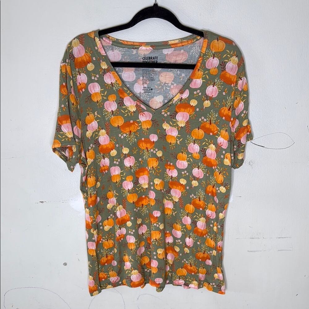 Celebrate Together Rayon Blend Women's Green Orange Pink Pumpkin Print Top Sz XL